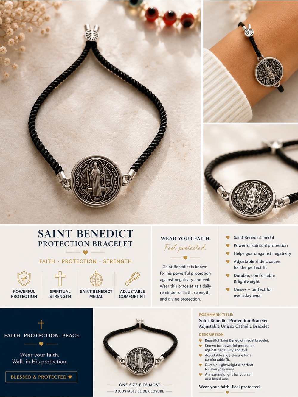 Saint Benedict Protection Bracelet - Black Cord Silver Medal